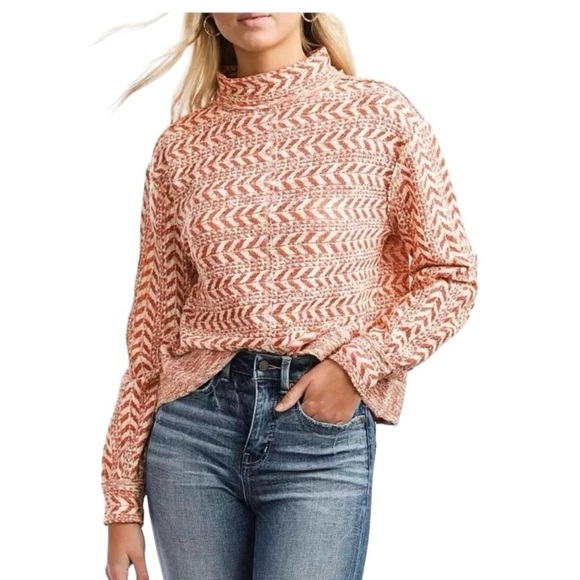BKE women's Small raw edge mock neck knit long sleeve top burnt orange white - Picture 1 of 10
